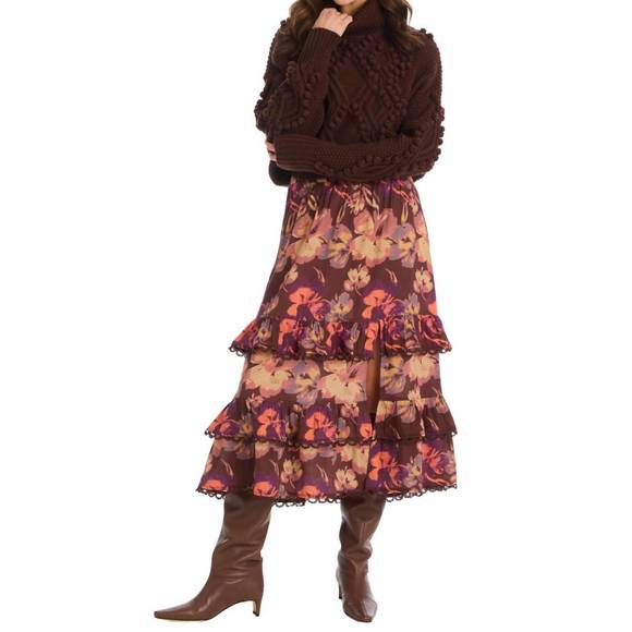 NEW ALLISON NEW YORK georgia tiered midi skirt in brown floral